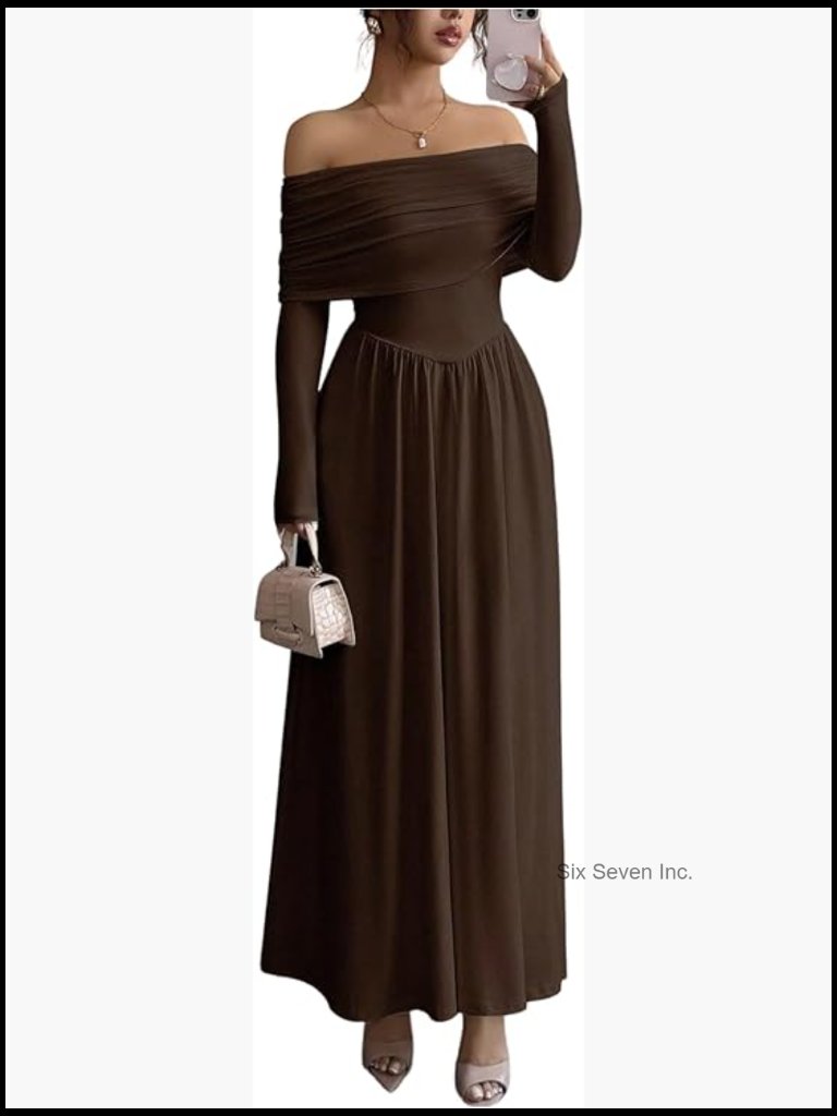 Off The Shoulder Long Sleeve A Line Maxi Dress Formal Wedding Guest
